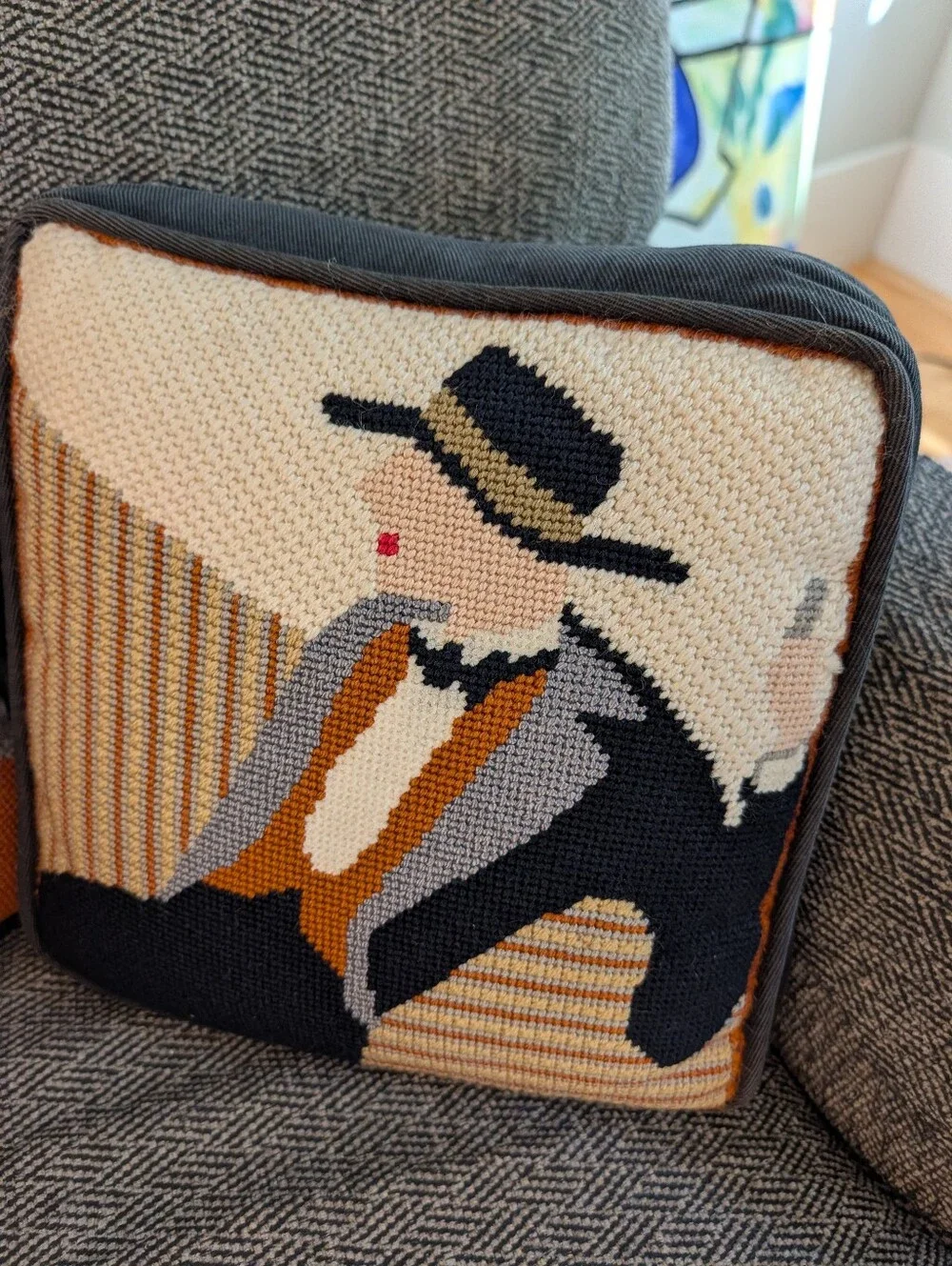 vintage handmade NEEDLEPOINT PILLIOW SET art deco dapper 1920's